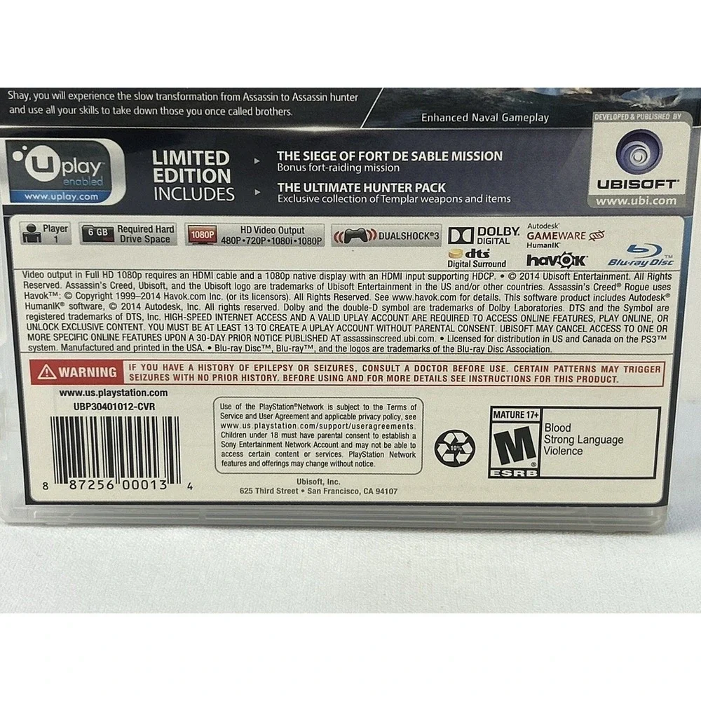 Assassin's Creed Rogue Limited Edition PS3 Game Untested Case Disc Ubisoft